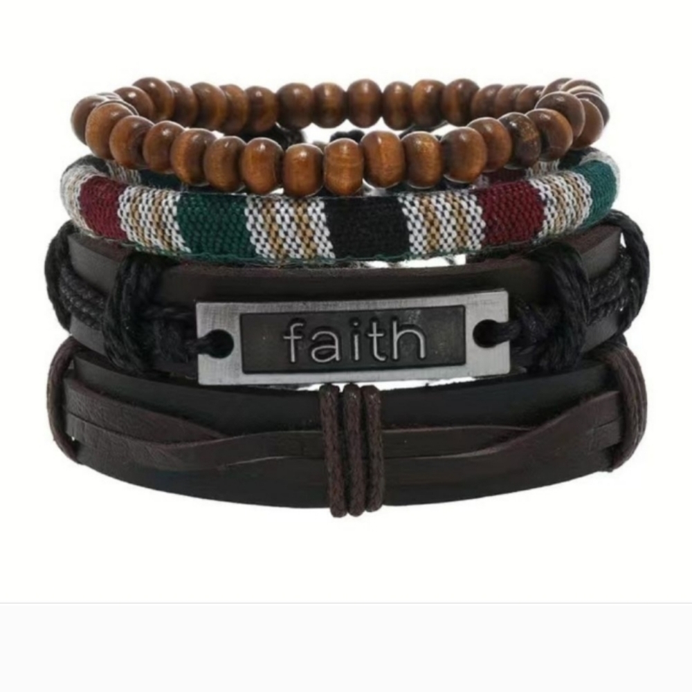 Men's leather bracelets layered beaded faith brown (2 out of the 4 shown)NEW NWT